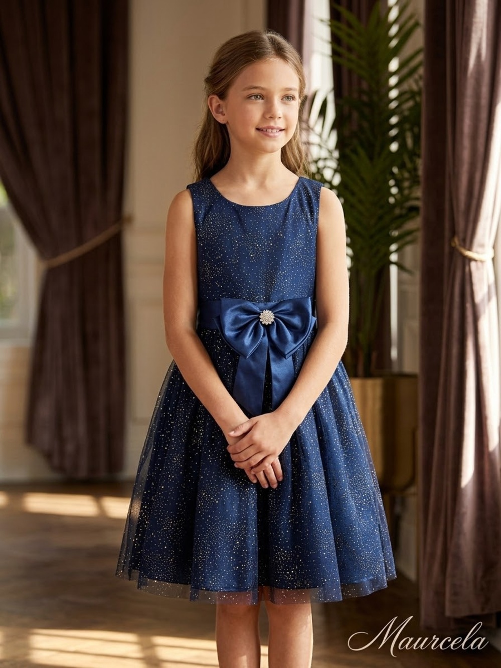 Rare Editions Girls Navy Blue Sparkle Tulle T-Length Special Occasion Dress